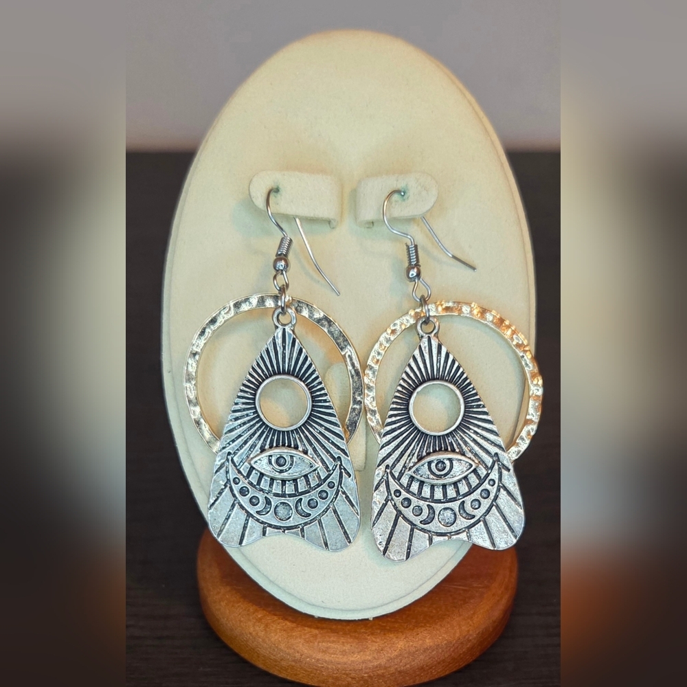 Evil Eye Celestial Statement Earrings Silver Tone Boho Sun Moon Mystical Dangle